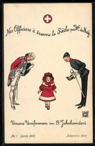 Künstler-AK sign. W. von May: Bern, Schweiz. Landes-Ausstellung 1914, Uniformen, No 1, Garde 1800, Infanterie 1900