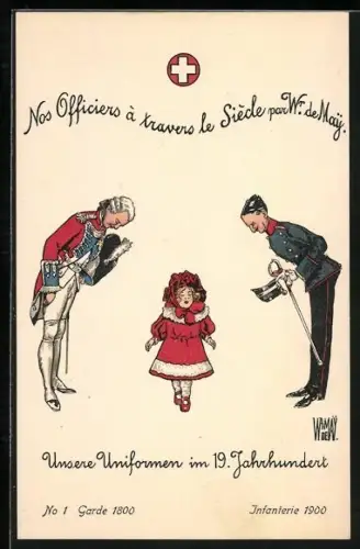 Künstler-AK sign. W. von May: Bern, Schweiz. Landes-Ausstellung 1914, Uniformen, No 1, Garde 1800, Infanterie 1900