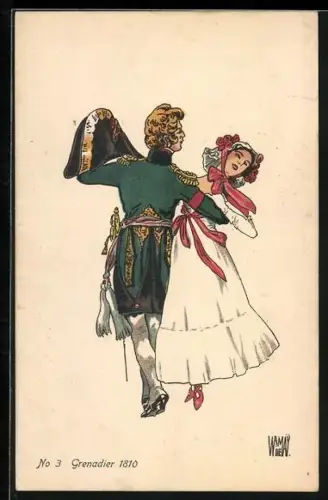 Künstler-AK sign. De Warnay: Bern, Schweiz. Landesausstellung 1914, schweizer Grenadier 1810 tanzt mit Dame