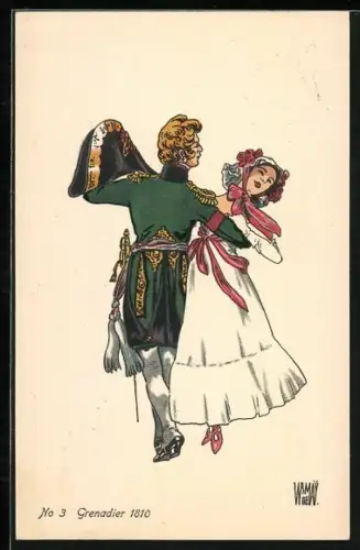 Künstler-AK sign. De Warnay: Bern, Schweiz. Landesausstellung 1914, schweizer Grenadier 1810 tanzt mit Dame