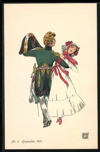 Künstler-AK sign. De Warnay: Bern, Schweiz. Landesausstellung 1914, schweizer Grenadier 1810 tanzt mit Dame