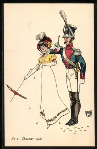 Künstler-AK sign. De Warnay: Chasseur, schweizer Soldat mit Kopfbedeckung neben Dame 1820