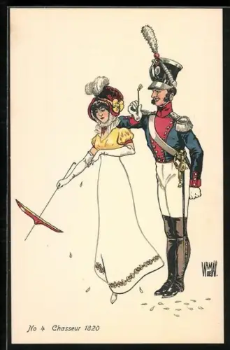 Künstler-AK sign. De Warnay: Chasseur, schweizer Soldat mit Kopfbedeckung neben Dame 1820
