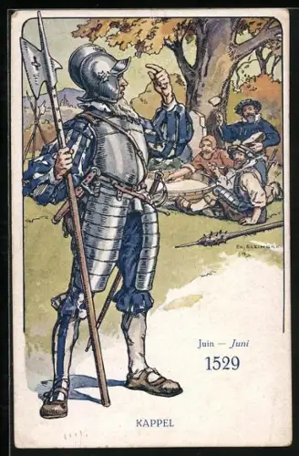 Künstler-AK Kappel, schweizer Soldat im Juni 1529