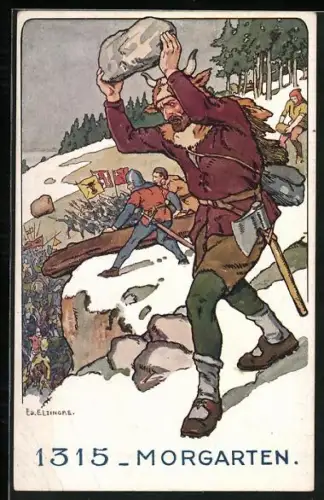 Künstler-AK Morgarten, Le Soldat Suisse a travers les Ages, Krieger wirft Stein a. Angreifer