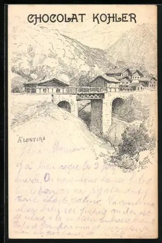 Lithographie Reklame Chocolate Kohler, Brücke mit Berglandschaft