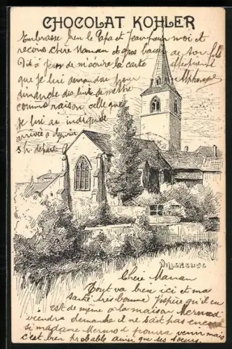 Lithographie Villeneuve, Reklame Chocolate Kohler, Eglise