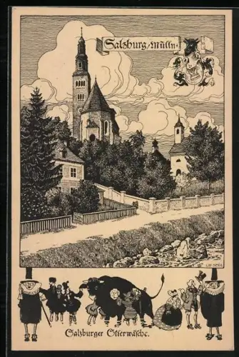 Künstler-AK Ulf Seidl: Salzburg-Mülln, Blick zur Kirche, Salzburger Stierwäsche