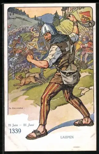 Künstler-AK sign. Ed. Elzingre: Der Schweizer Soldat im Laufe der Jahrhunderte, Laupen 21. Juni 1339, Histor. Uniform