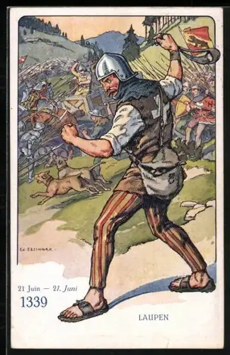 Künstler-AK sign. Ed. Elzingre: Der Schweizer Soldat im Laufe der Jahrhunderte, Laupen 21. Juni 1339, Histor. Uniform