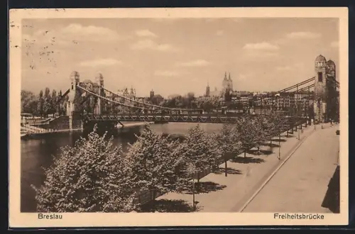 AK Breslau, auf der Promenade an der Oder, die Freiheitsbrücke