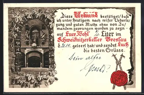 Künstler-AK Breslau, Urkunde aus dem Schweidnitzerkeller