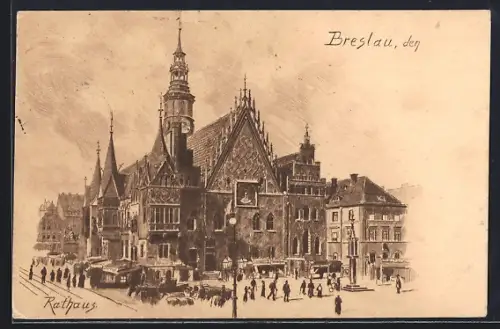Künstler-AK Breslau, Markttag am Rathaus
