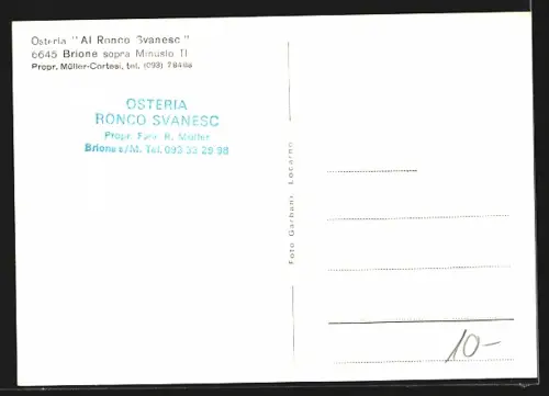 AK Brione sopra Minusio, Osteria Al Ronco Svanesc, Prop. Fam. R. Müller, Ortsansicht aus der Vogelschau