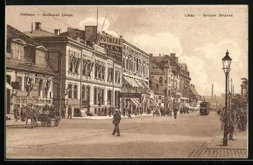 AK Libau, Grosse Strasse mit Geschäften