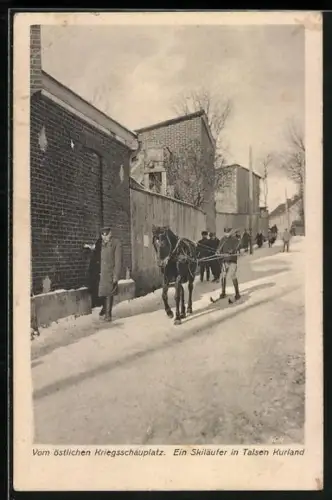 AK Talsen /Kurland, Ein Skiläufer mit Pferd