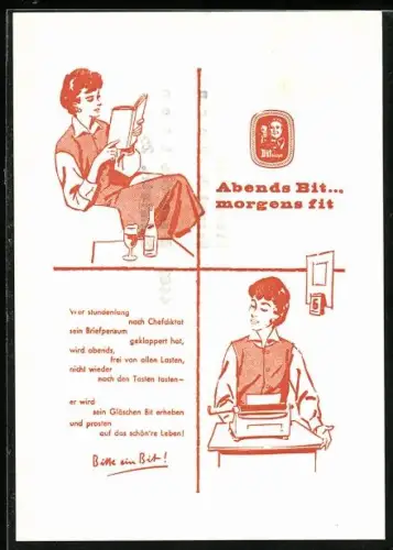 AK Münster i. W., Biergrosshandlung A. Richard KG, Höftestr. 69-71, Frau mit Buch und Bierglas, Bitte ein Bit! Reklame