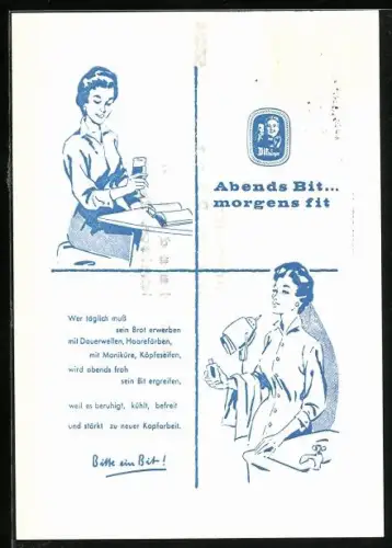 AK Münster i. W., Brauerei-Werbung, Grosshandlung A. Richard KG, Höftestrasse 69-71, Frau mit Bierglas und Lektüre
