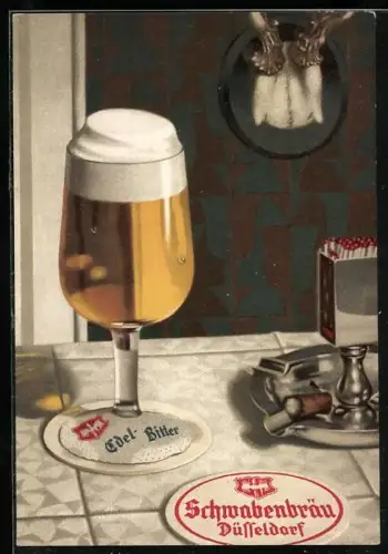 AK Düsseldorf, Brauerei-Werbung, Act.-Ges. Schwabenbräu, Münsterstr. 156, Stillleben mit Bierglas und Geweih