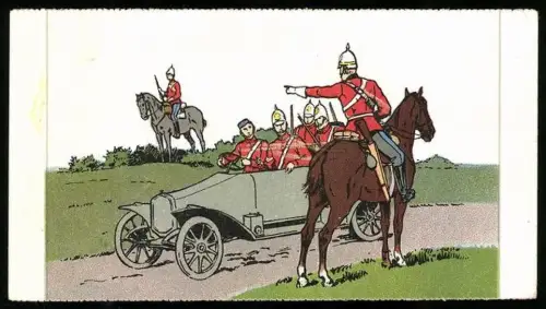 AK Britischer Soldat zu Pferde weist seinen Kameraden im Automobil den Weg