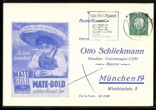 AK München, Handels-Vertretung Otto Schliekmann, Winthirplatz 5, Bestellkarte für Mate-Gold Brasil-Tee, Junge mit Mate