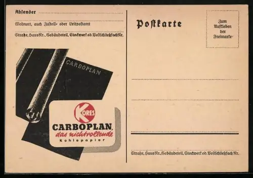 AK Carboplan, das nichtrollende Kohlepapier, Kores, Reklame