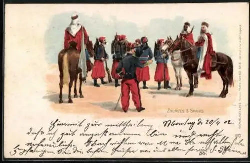 AK Zouaves & Spahis, französische Soldaten der Infanterie mit Pferden