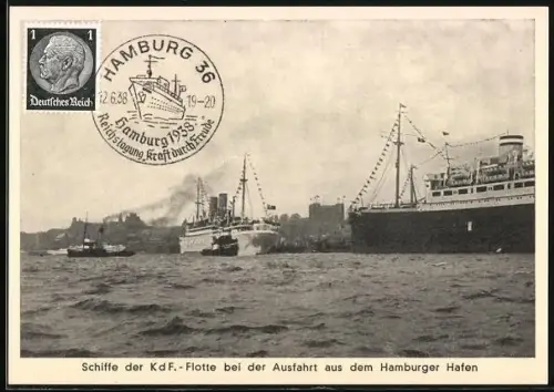 AK Hamburg, Schiffe der KdF.-Flotte bei der Ausfahrt aus dem Hafen