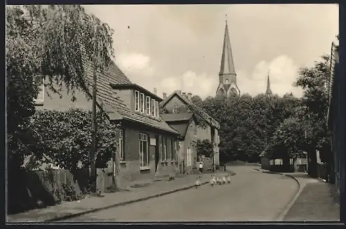 AK Vellahn /Meckl., Strassenansicht mit Kirche