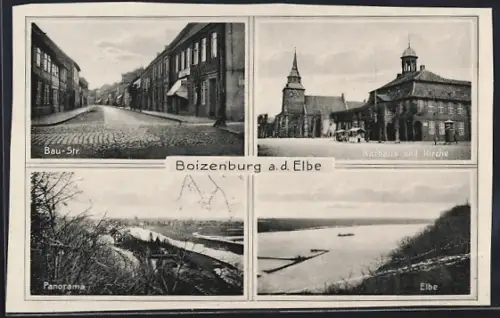 AK Boizenburg a.d. Elbe, Bau-Str., Rathaus und Kirche, Panorama, Elbe
