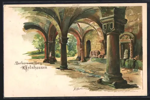 Lithographie Gelnhausen, Barbarossaburg, Kreuzgang