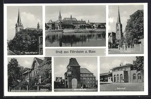 AK Flörsheim a. Main, Kath. Kirche, Rathaus, Bahnhof, Ried-Schule, Ev. Kirche
