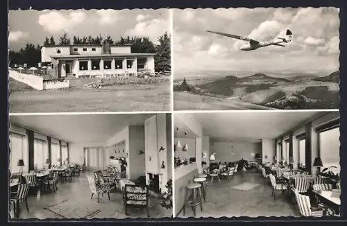 AK Gersfeld /Rhön, Wasserkuppe, Fliegerdenkmal, Segelflugzeug, Hotel-Café Peter