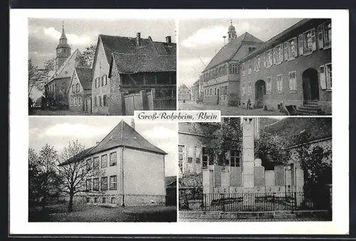 AK Gross-Rohrheim /Rhein, Kirche, Schule, Kriegerdenkmal, Strassenansicht
