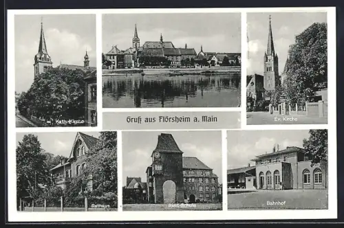 AK Flörsheim a. Main, Kath. Kirche, Ev. Kirche, Rathaus, Ried-Schule, Bahnhof