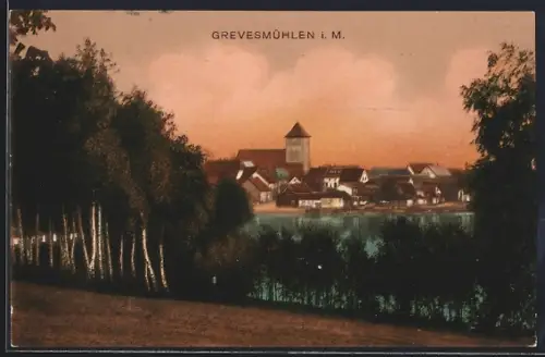 AK Grevesmühlen i. M., Stadtansicht mit Kirche und See