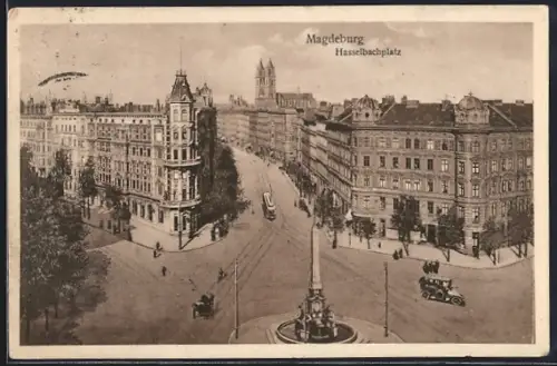 AK Magdeburg, Hasselbachplatz, Platzansicht mit Brunnen und umliegender Bebauung