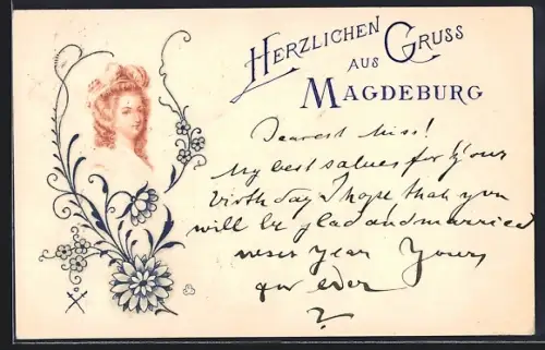 Lithographie Magdeburg, Porträt einer Dame, florale Verzierungen