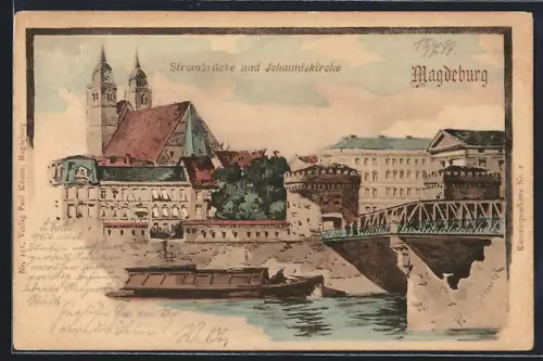 Lithographie Magdeburg, Strombrücke, Johanniskirche