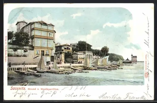 AK Sassnitz /Rügen, Strand, Musikpavillon, Segelboote
