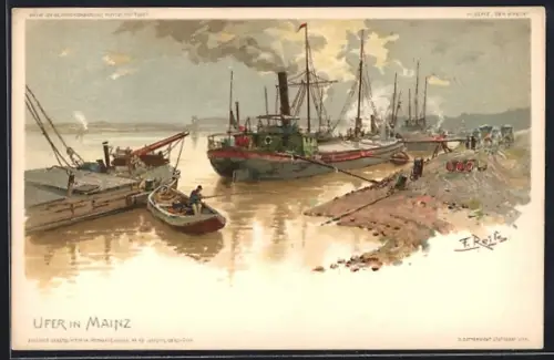 Lithographie Mainz, Ufer, Dampfschiffe, Boote