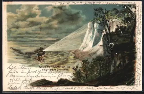 Lithographie Stubbenkammer, Kreidefelsen bei elektrischer Beleuchtung