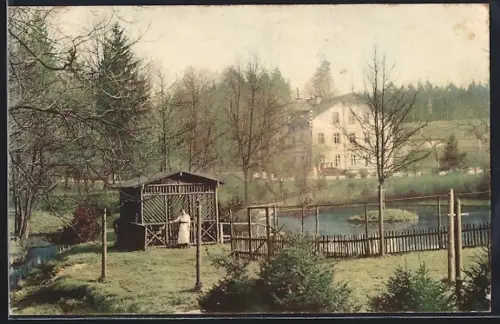 AK Dresden-Dresdner Heide, Mühle, Teich, Gartenpavillon
