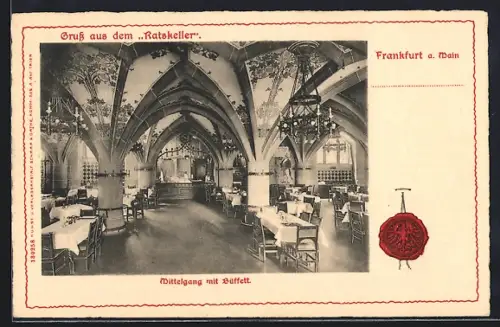 AK Frankfurt a. Main, Gasthaus Ratskeller, Mittelgang mit Buffett