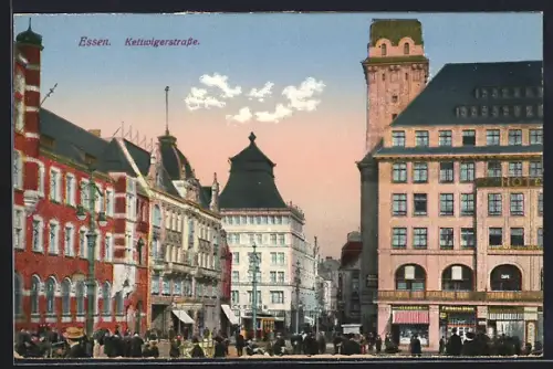 AK Essen, Kettwigerstrasse, Strassenszene mit Hotel und Geschäftshäusern