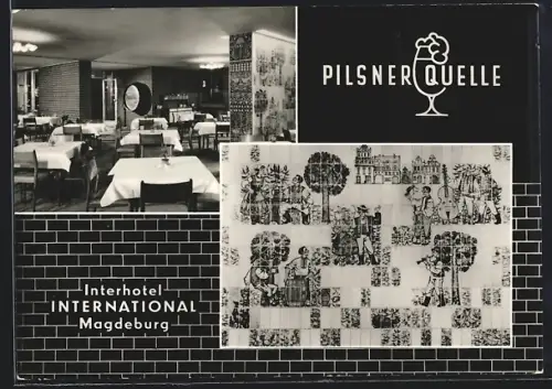 AK Magdeburg, Hotel International - Pilsner Quelle und Wandmosaik
