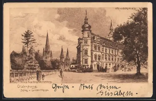 Künstler-AK Oldenburg / Gr., Schloss und Lamberti Kirche