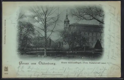 Mondschein-AK Oldenburg / Gr., Neuer Schlossflügel von der Paradewall-Strasse aus gesehen