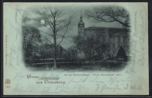 Mondschein-AK Oldenburg / Gr., Neuer Schlossflügel von der Paradewall-Strasse aus gesehen