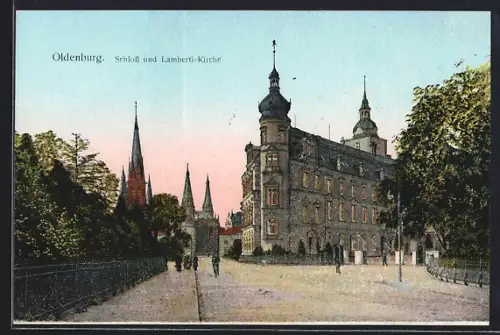 Goldfenster-AK Oldenburg / Gr., Schloss und Lamberti-Kirche mit leuchtenden Fenstern
